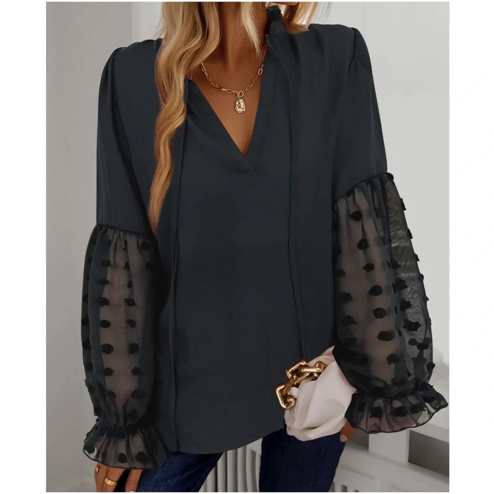 Boho Swiss Dot Sheer Sleeve Ruffle Blouse - Picture 4 of 14